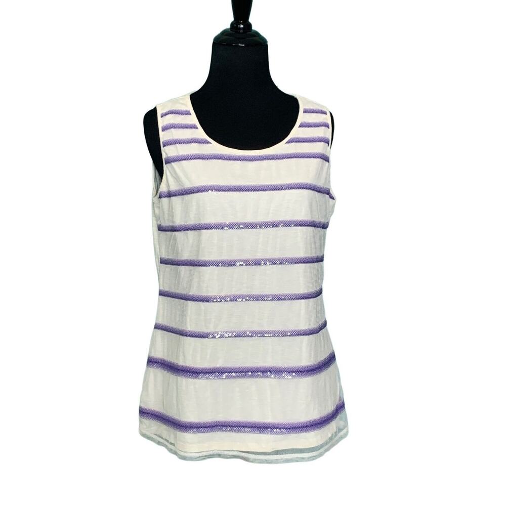 Coldwater Creek white purple sequin stripe casual top size Medium